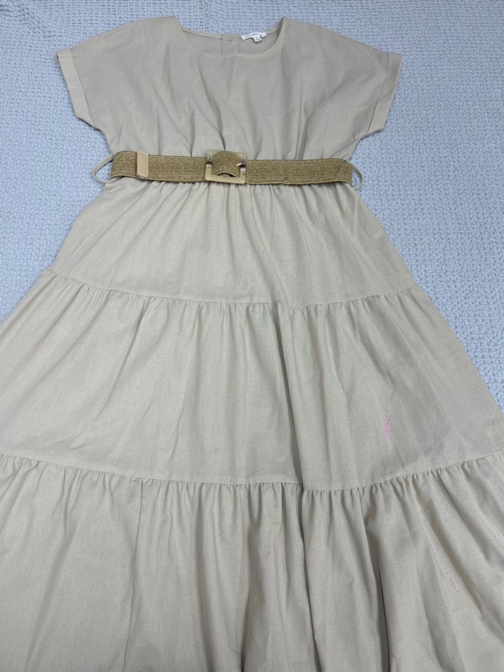 Blu Pepper Cream Tiered Dress with Gold Belt Accent